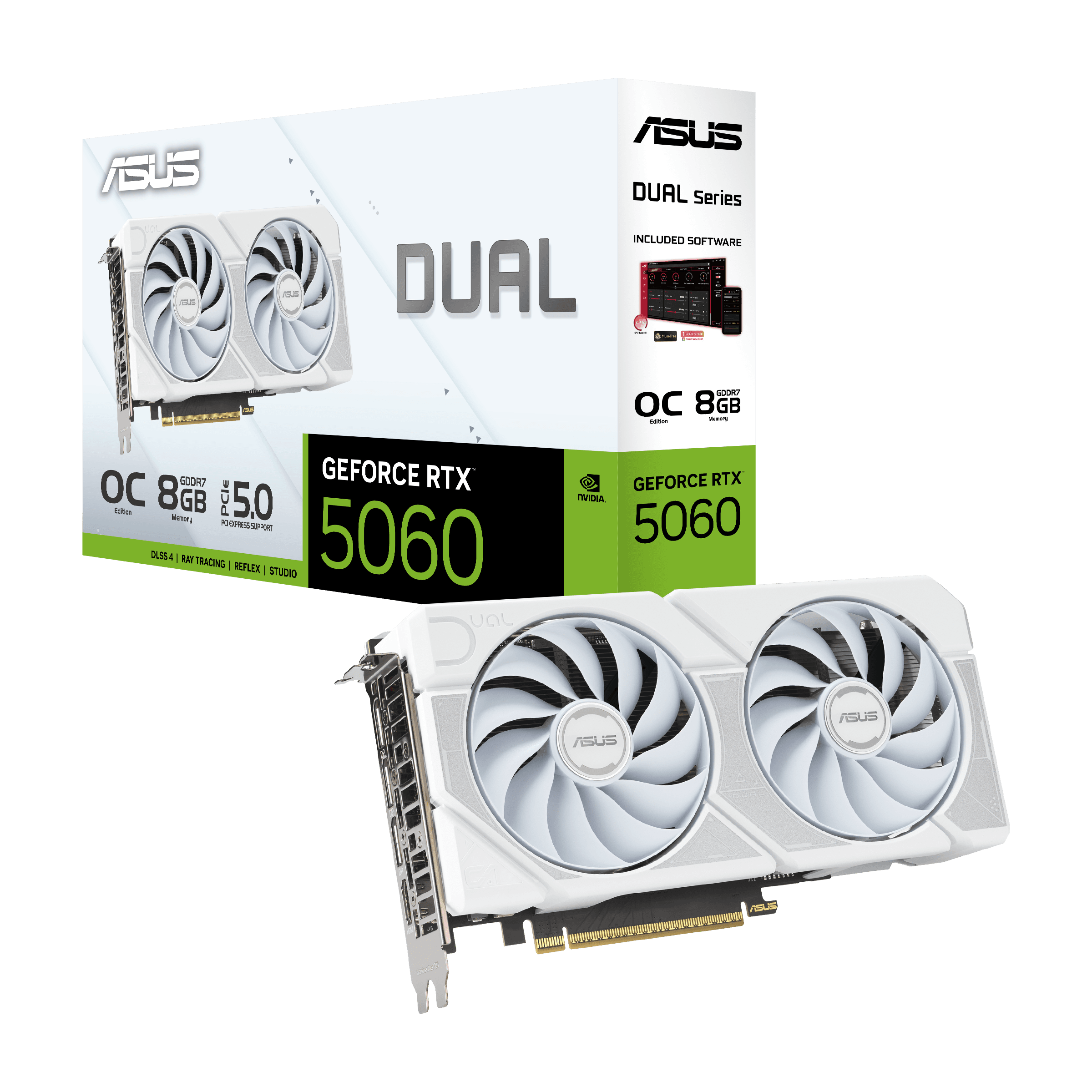 ASUS NVIDIA Dual GeForce RTX 5060 White OC Edition 8GB GDDR7 Graphics Card, 128-bit  28 Gbps, 623 AI TOPs, Blackwell Architecture | 90YV0N15-M0NA00