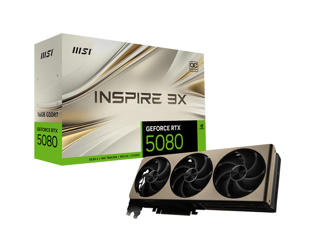 MSI NVIDIA GeForce RTX 5080 16G INSPIRE 3X OC Graphics card, 16GB GDDR7, 30 Gbps, 256-bit, 10752 CUDA Cores Units, Blackwell Architecture | 912-V531-203
