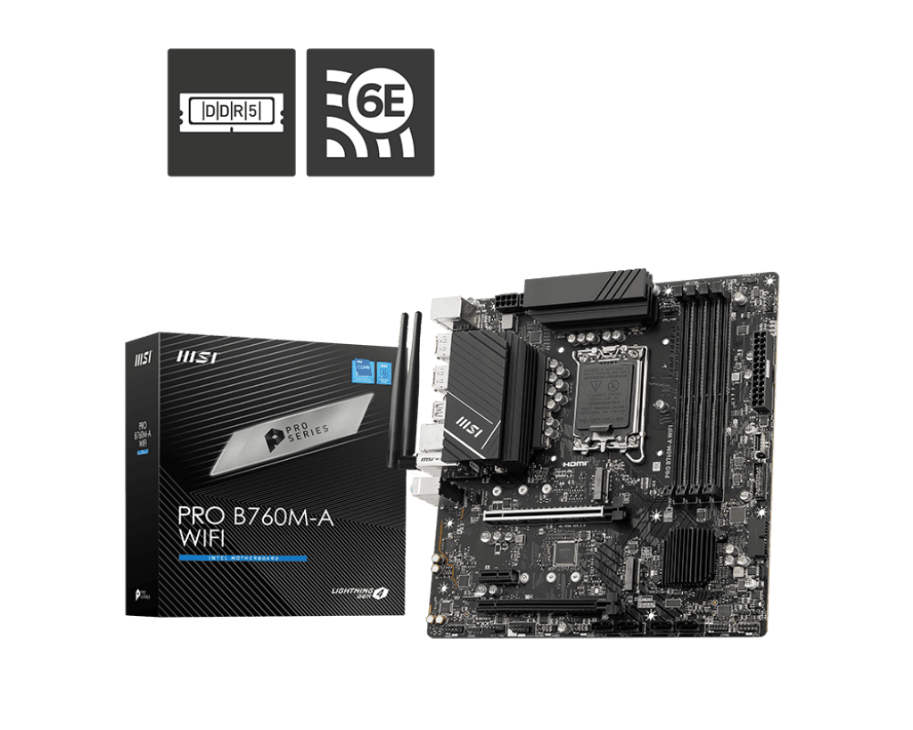 MSI PRO B760M-A WIFI DDR5 LGA 1700 mATX Motherboard, 4x DDR5 6800+MHz (OC). 2.5G Network, Wi-Fi 6E, BT | 911-7D99-007