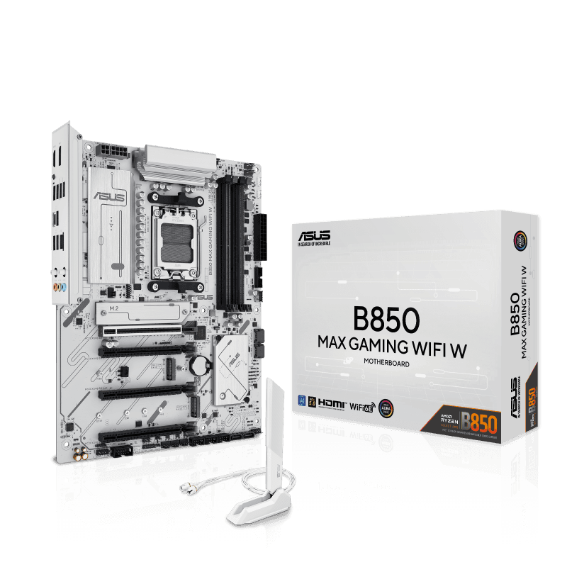 ASUS B850 MAX GAMING WIFI W ATX Motherboard,  4 x DIMM slots, max. 256GB, DDR5 up to 8000+MT/s, 3 x M.2 slots and 4 x SATA 6Gb/s ports, WiFi 6E, PCIe 5.0 slots, Pre-mounted I/O shield, 2.5Gb Ethernet, White | 90MB1M10-M0EAY0