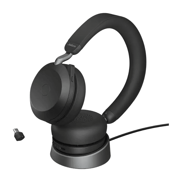 Jabra Evolve2 75 USB-C UC Wireless Headset with Charging Stand, Active Noise-Cancellation ANC, Microphone, On-ear headband, USB-A/USB-C BT Adapter, BT 5.2, Black | 27599-989-889