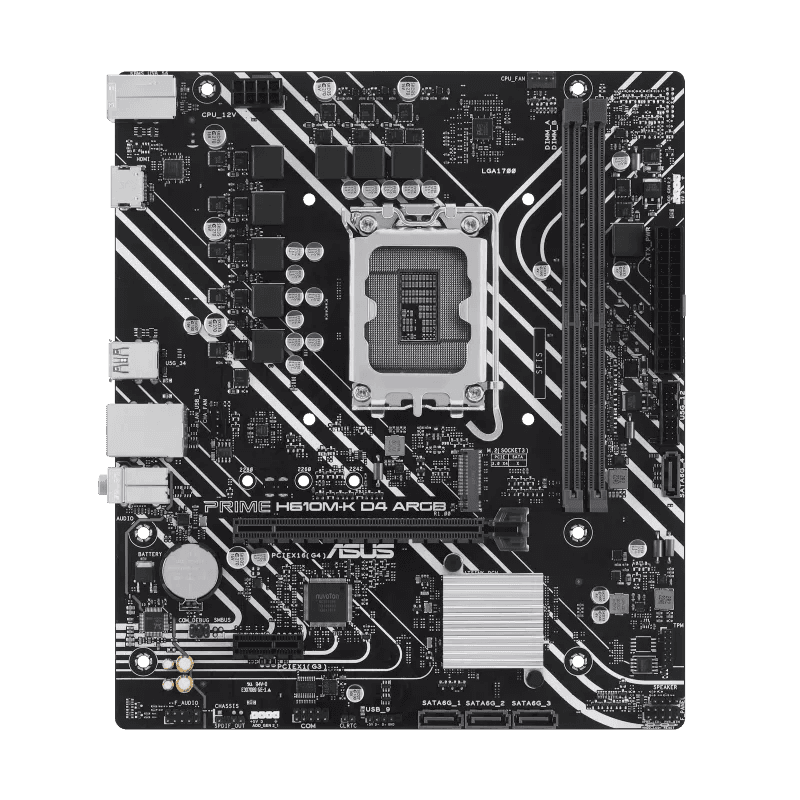 ASUS PRIME H610M-K D4 ARGB Intel H610 (LGA 1700) micro-ATX DDR4 Motherboard, PCIe 4.0, M.2 slot, Realtek 1 Gb Ethernet, HDMI, USB 5Gbps, SATA 6 Gbps, Two-Way AI Noise Cancelation, Aura Sync | 90MB1HN0-M0EAY0