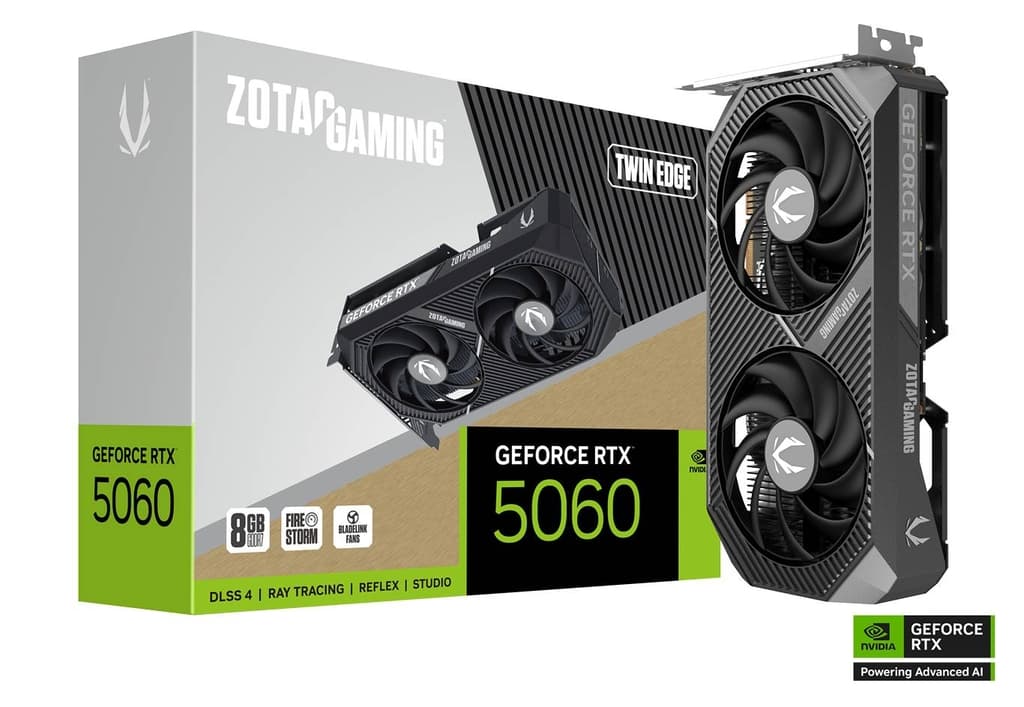 ZOTAC GAMING GeForce RTX 5060 Twin Edge 8GB GDDR7 Graphics Card, 128-bit 28 Gbps, PCI Express 5.0 x8, SFF-Ready, NVIDIA Blackwell architecture and DLSS 4 | ZT-B50600E-10M