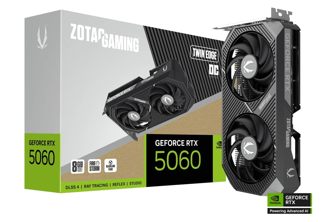 ZOTAC GAMING GeForce RTX 5060 Twin Edge OC 8GB GDDR7 Graphics Card, 128-bit 28 Gbps, 3840 CUDA cores, SFF-Ready, NVIDIA Blackwell architecture and DLSS 4  | ZT-B50600H-10M