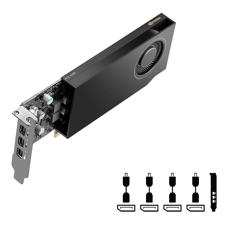 PNY NVIDIA RTX A400 Graphic card, 4 GB GDDR6, 64-bit 96 GB/sec, 8.7 Billion Transistors, 768 CUDA Cores, 24 Tensor Cores, 6 RT Cores, 4x mDisplayPort,  Single Slot | VCNRTXA400ATX-PB thumbnail 1