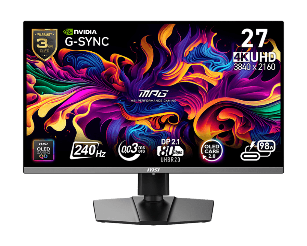MSI MPG 272URX QD-OLED Gaming Monitor, 4K 3840x2160 (UHD), 240Hz, Rapid 0.03ms(GtG), DP 2.1a, HDMI 2.1, G-Sync, DisplayHDR True Black 400, 3-Year Burn-In Warranty | 9S6-3CD79A-017