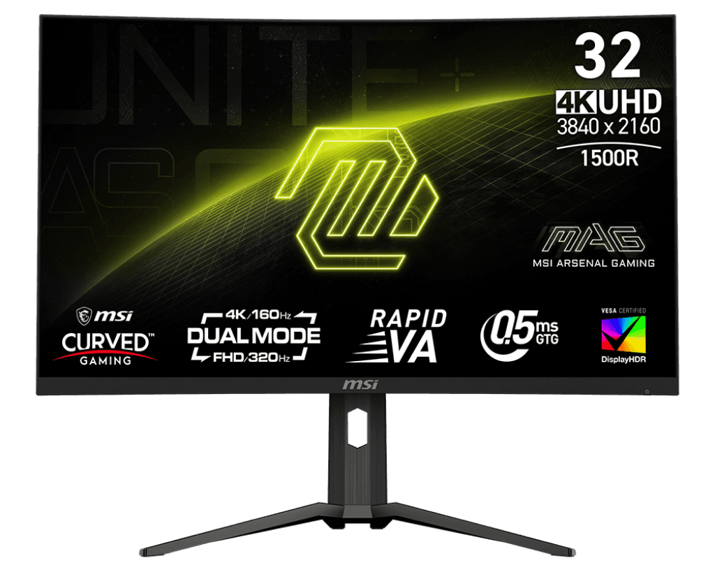 MSI MAG 321CUPDF Gaming Monitor, 32 inches of stunning Rapid VA, Dual mode with UHD 160Hz and FHD 320Hz. Equipped with 0.5ms (GtG, Min.) response time, Frameless Design, VESA DisplayHDR 400, AI Vision.