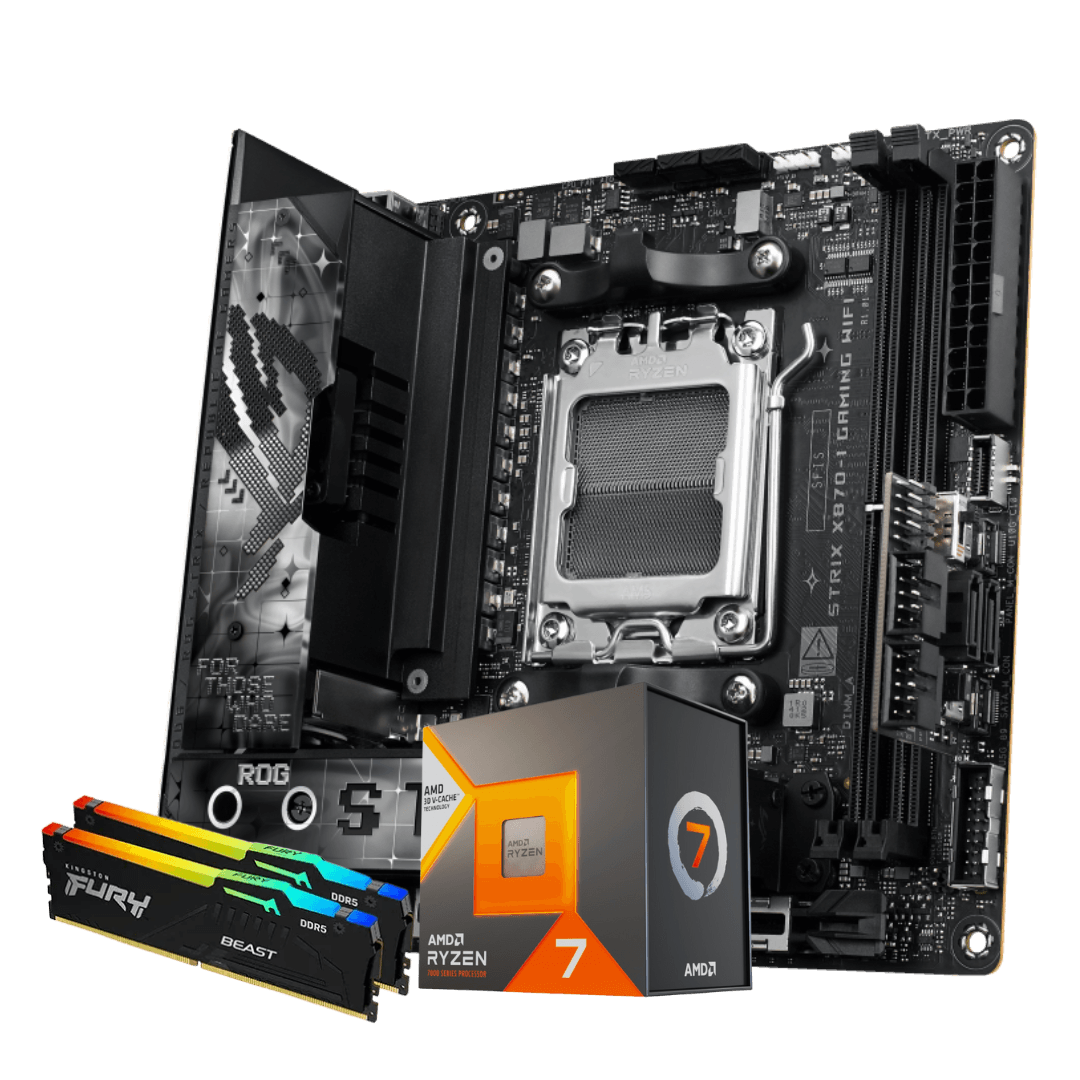 ROG X3D Mini ITX Gaming Bundle, AMD 7800X3D Desktop Processor, ROG STRIX X870-I GAMING WIFI Mini ITX Motherboard, 32GB (2x 16GB) 6000 MTs DDR5 DRAM