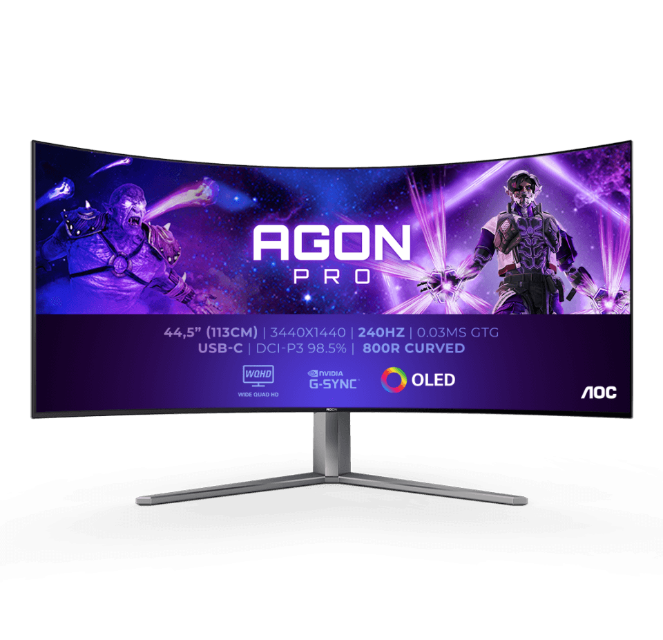 AOC AGON PRO AG456UCZD OLED 44.5" Inch Monitor, 3440x1440 WQHD 2K, 240 Hz, 0.03 ms, HDR 10, 800R, FreeSync Premium G-Sync Compatible, USB-C 3.2 x 1 (DP alt mode, upstream, power delivery up to 90 W) | AG456UCZD/89
