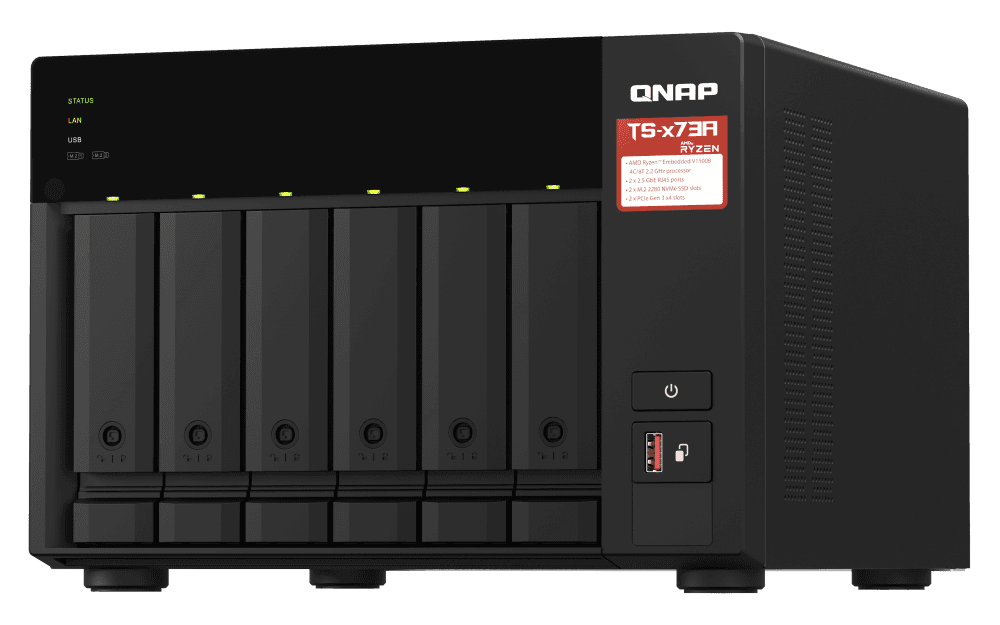 Qnap 6-Bay NAS, AMD Ryzen Embedded V1000 4 CPU, 8 GB DDR4 Memory, 6 x 3.5-inch SATA 6Gb/s, 3Gb/s, 2 PCIe Slot, USB 3.2 Gen 2 (10Gbps) Port, 250W PSU | TS-673A-8G