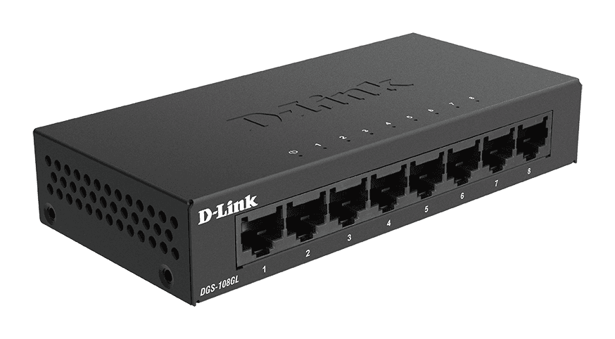 D-Link DGS-108GL 8-Port Gigabit Unmanaged Desktop Switch, Metal Casing, Energy Efficient, Fanless, Supports 16 Gbps, 4.31 Watts Power, 16 Gbps Switching Fabric, Black | DGS-108GL