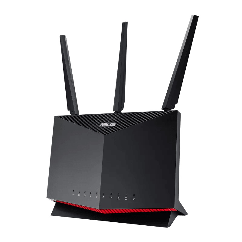 Asus RT-AX86U AX5700 Dual Band WiFi 6 Gaming Router, WiFi 6 802.11ax, 1.8 GHz Quad-Core, 1GB RAM, 2500 sq ft, NVIDIA GeForce, 2.5G Port, Gaming Port, Adaptive QoS - Black I 90IG05F1-MU2G10 image